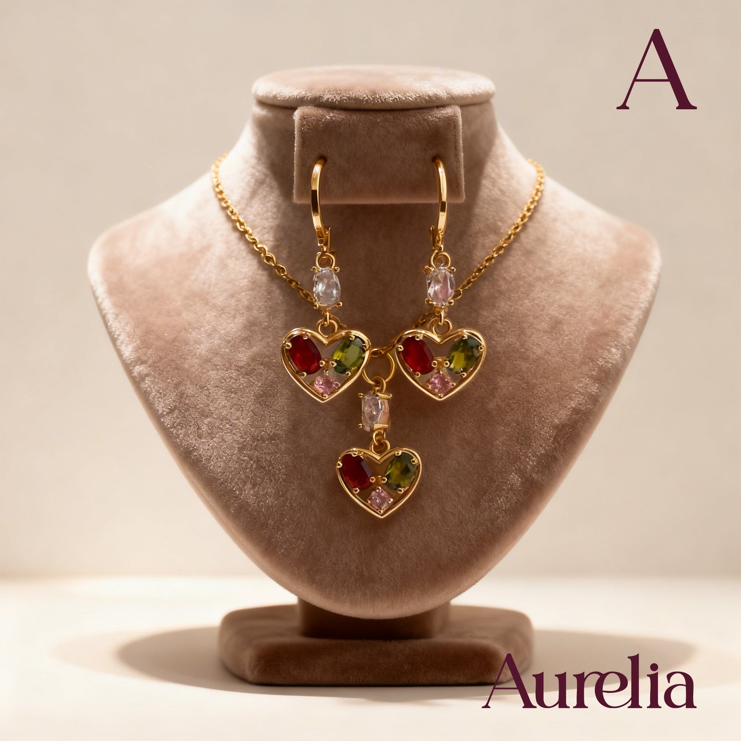 COLLAR SET ARETES CORAZON BRILLANTES MULTICOLOR