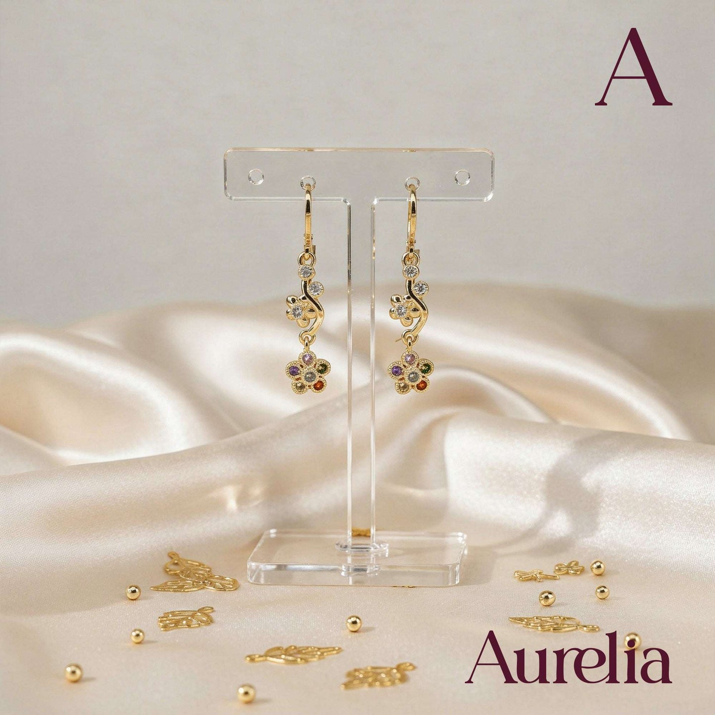 ARETES LARGOS FLOR CURVA MULTICOLOR Y BLANCA