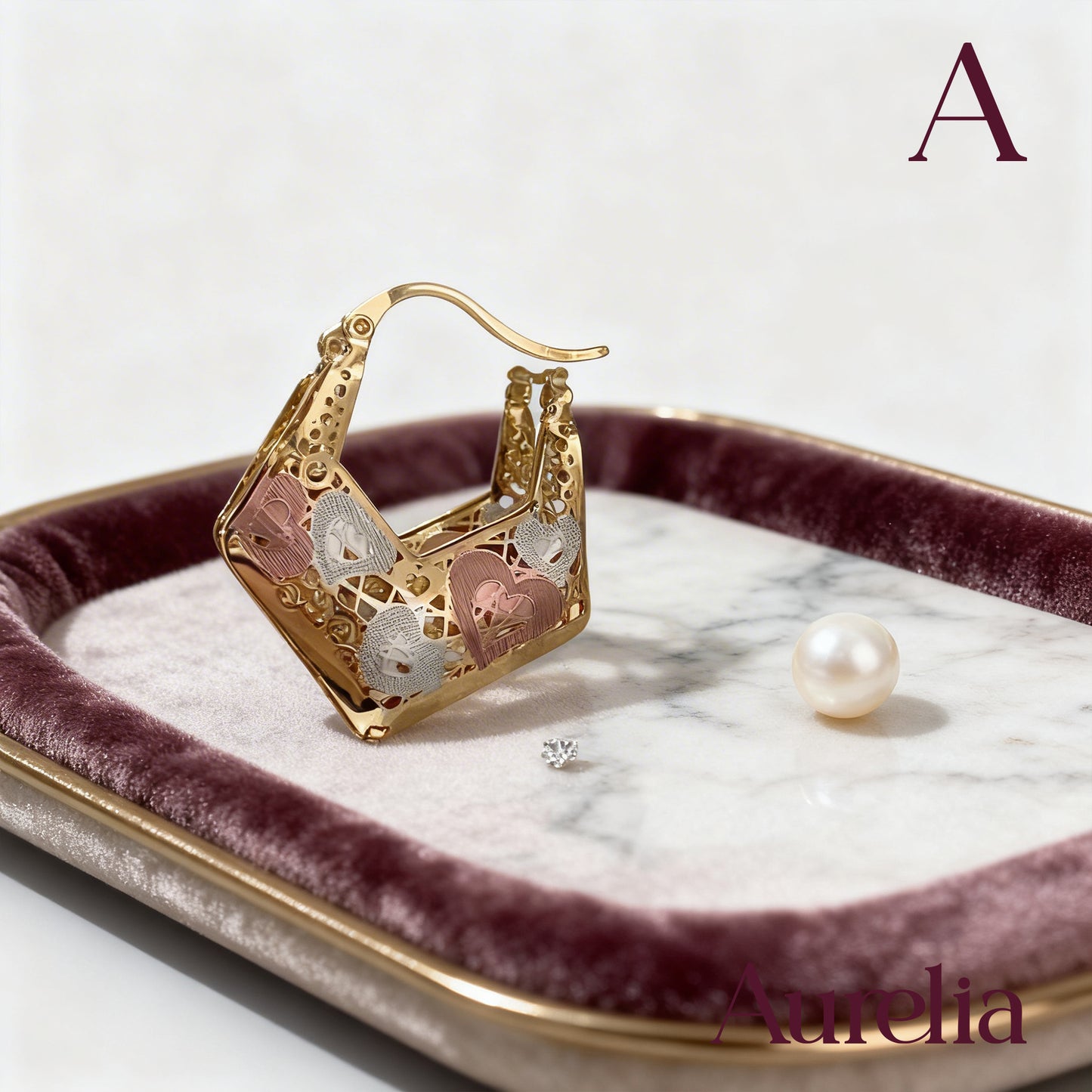 ARETES CANDONGAS ROMBO CORAZONES PLATEADO Y ORO ROSA