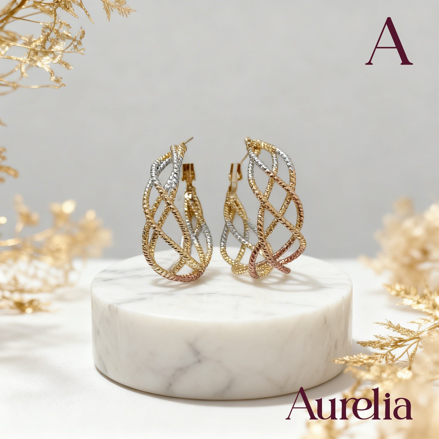 ARETES CANDONGAS ENTRELAZOS GRANDES PLATEADO Y ORO ROSA