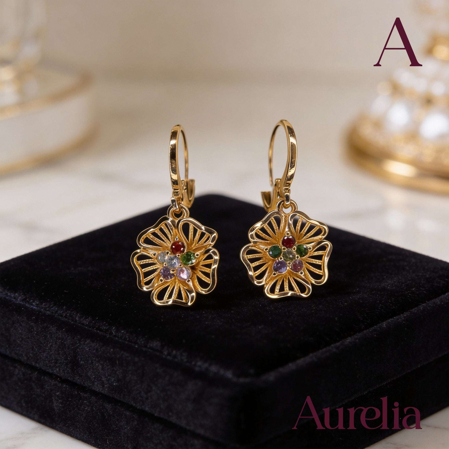 ARETES LARGOS FLOR Y MINI FLOR BRILLANTE MULTICOLOR