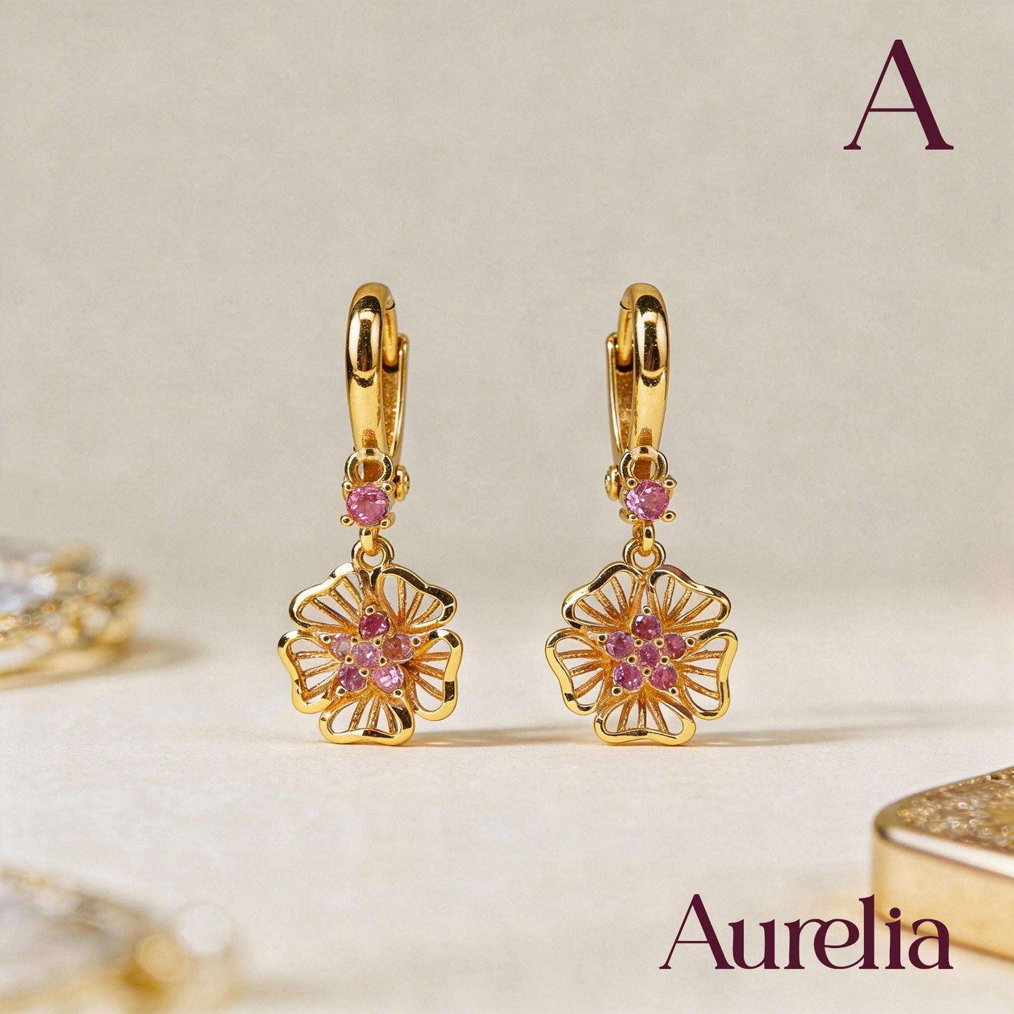 ARETES LARGOS MINI FLOR ROSADO Y BRILLANTE