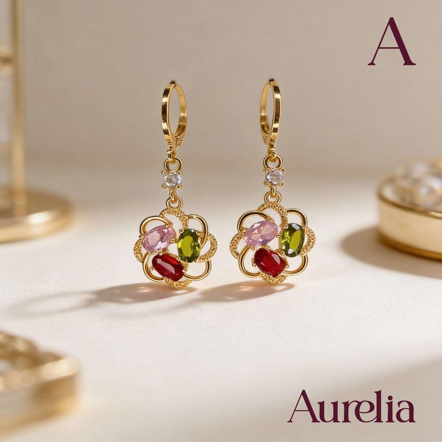 ARETES LARGOS FLOR MULTICOLOR Y BRILLANTE BLANCO
