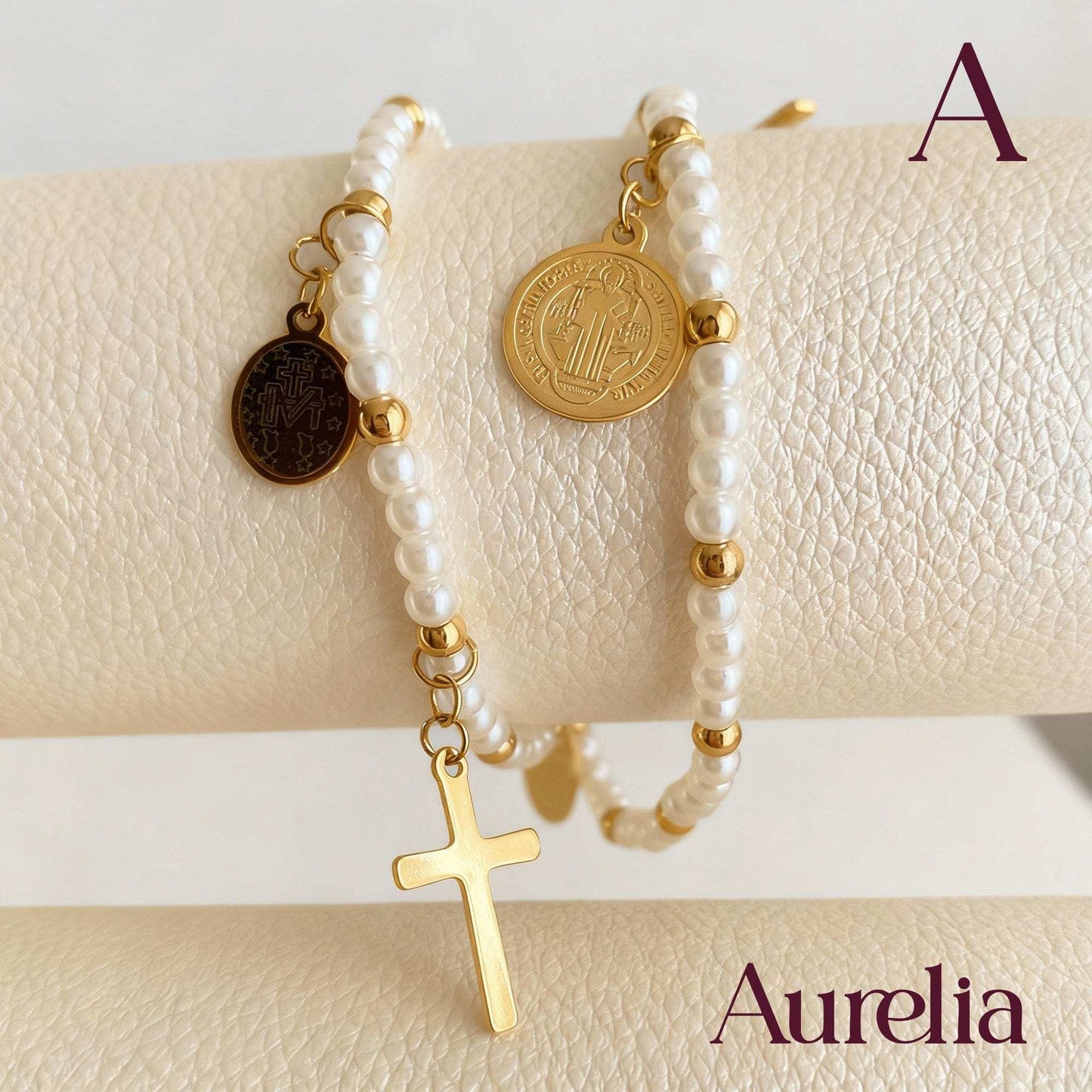 PULSERA CAUCHO CRUZ PERLAS BLANCAS