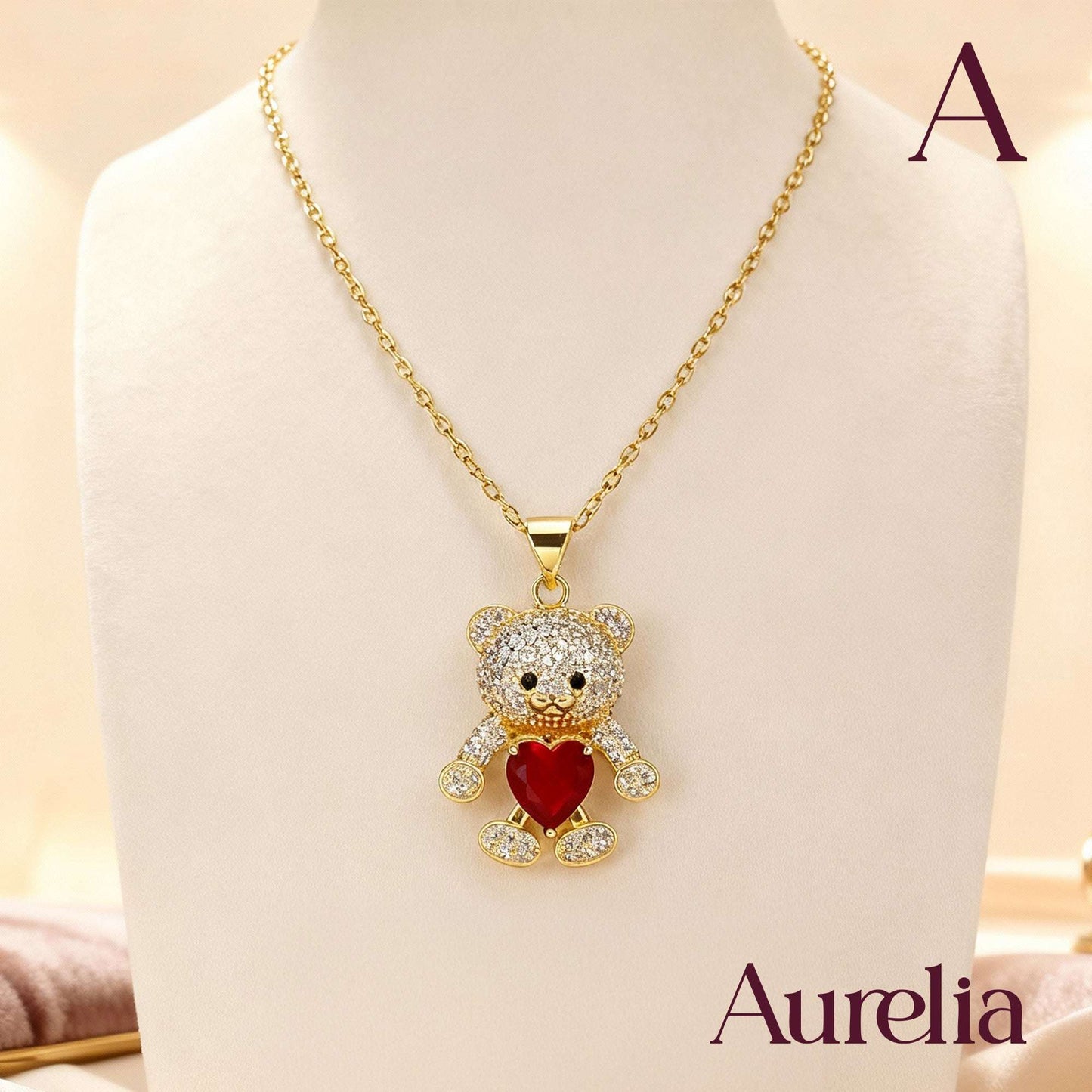 COLLAR OSO BRILLANTE BLANCO Y CORAZÓN ROJO