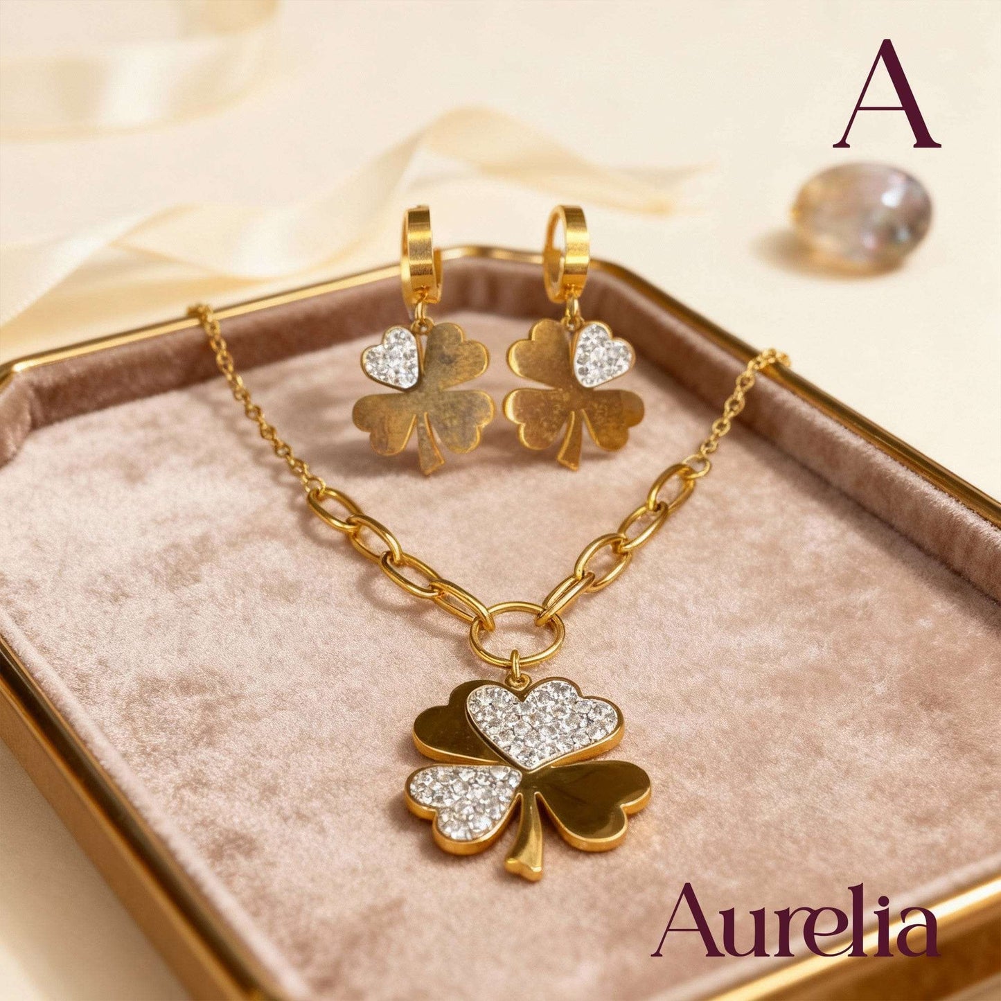 COLLAR SET CANDONGAS TRÉBOL GRANDE BRILLANTE BLANCO