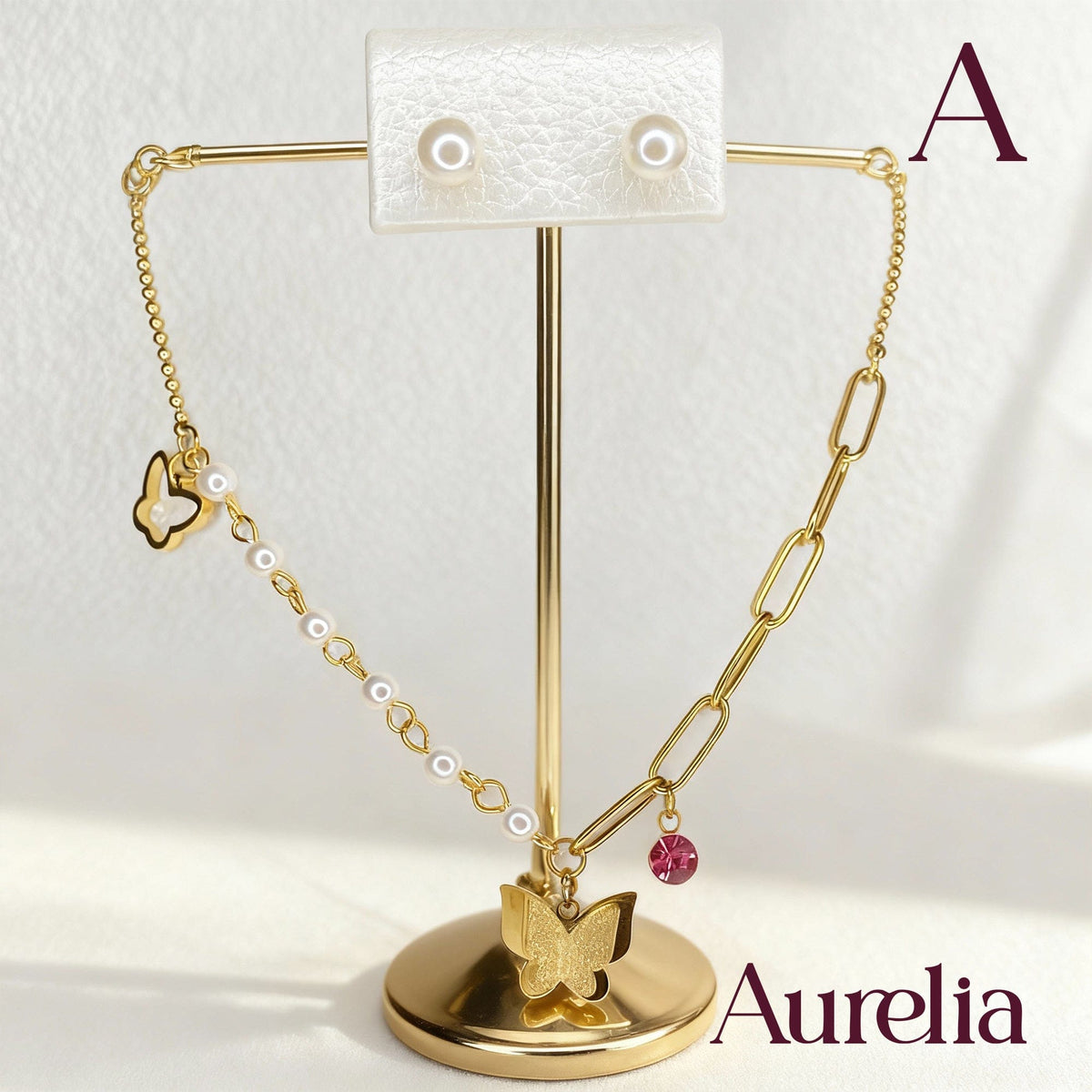 COLLAR SET MARIPOSA Y TOPOS PERLAS
