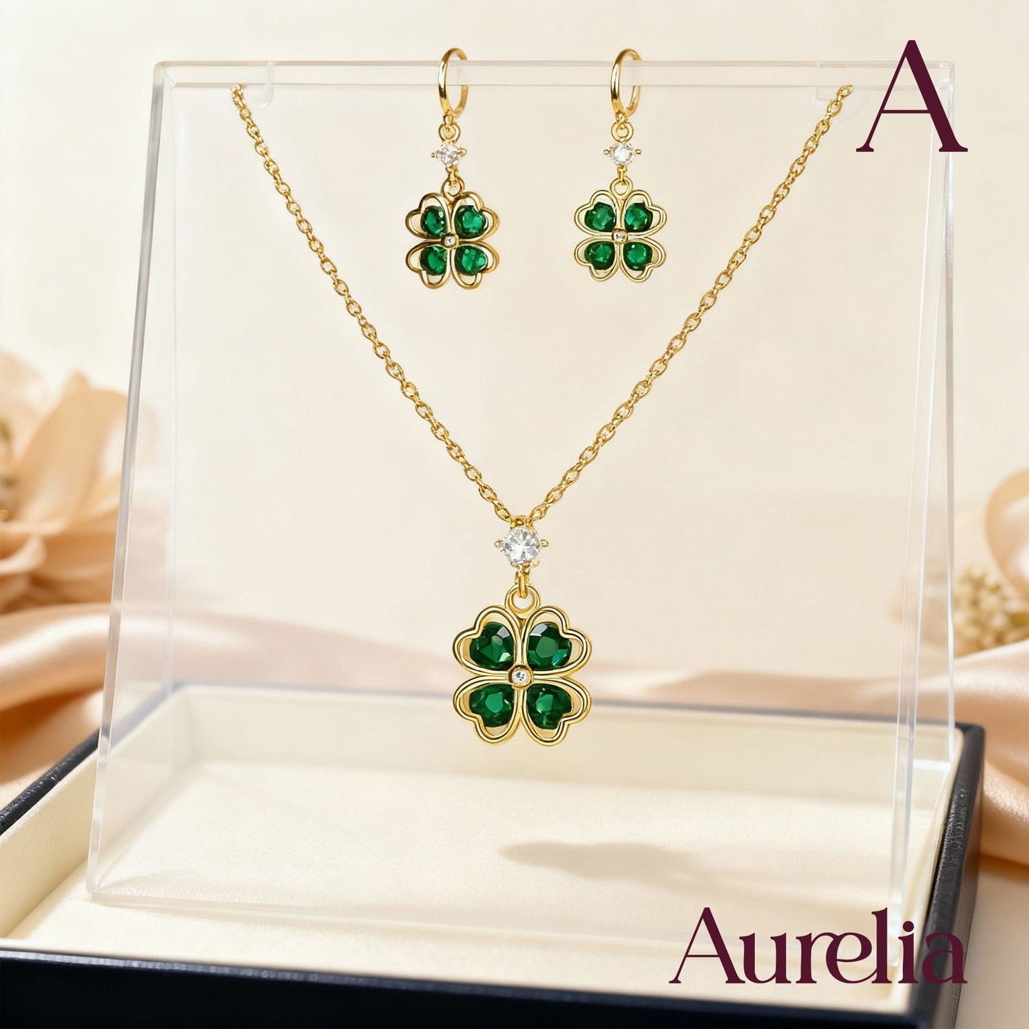 COLLAR SET ARETES LARGOS TREBOL VERDE