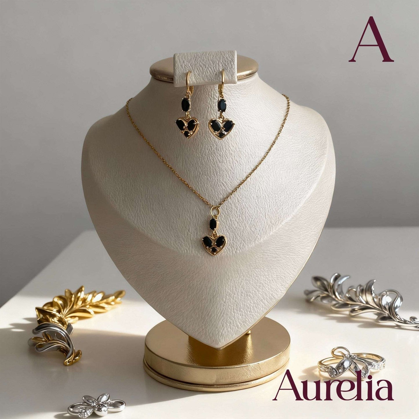 COLLAR SET ARETES LARGOS CORAZON NEGRO