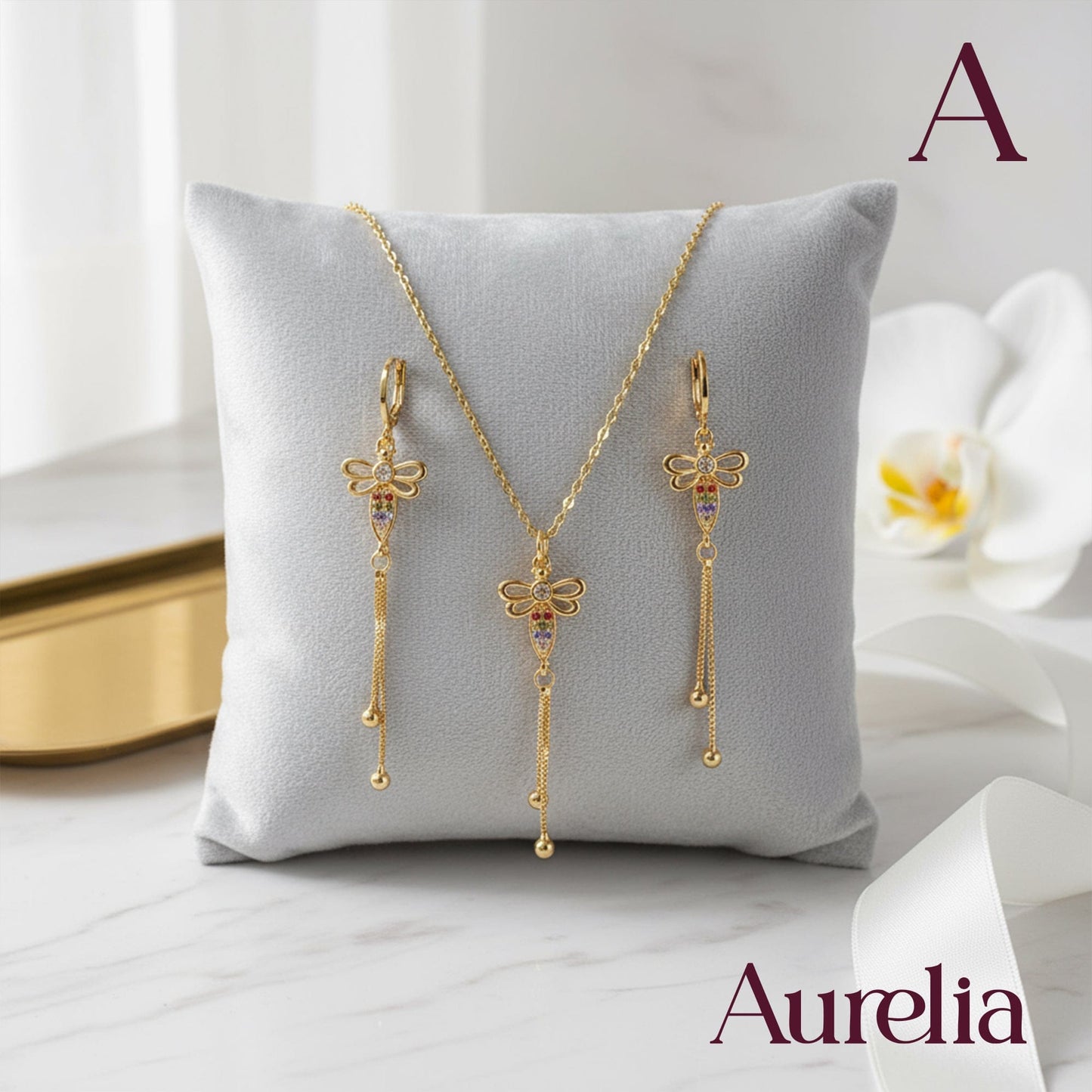 COLLAR SET ARETES LARGOS LIBÉLULA MULTICOLOR