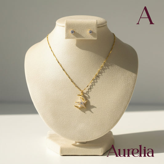 COLLAR SET LUNA ESTRELLA Y TOPOS BRILLANTE BLANCO