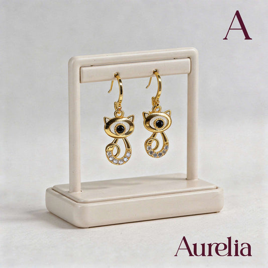 ARETES LARGOS GATO CON BRILLANTES NEGRO Y BLANCO