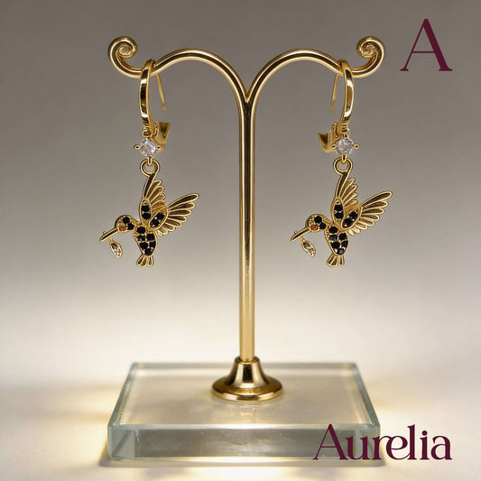 ARETES LARGOS COLIBRI NEGRO Y BRILLANTE