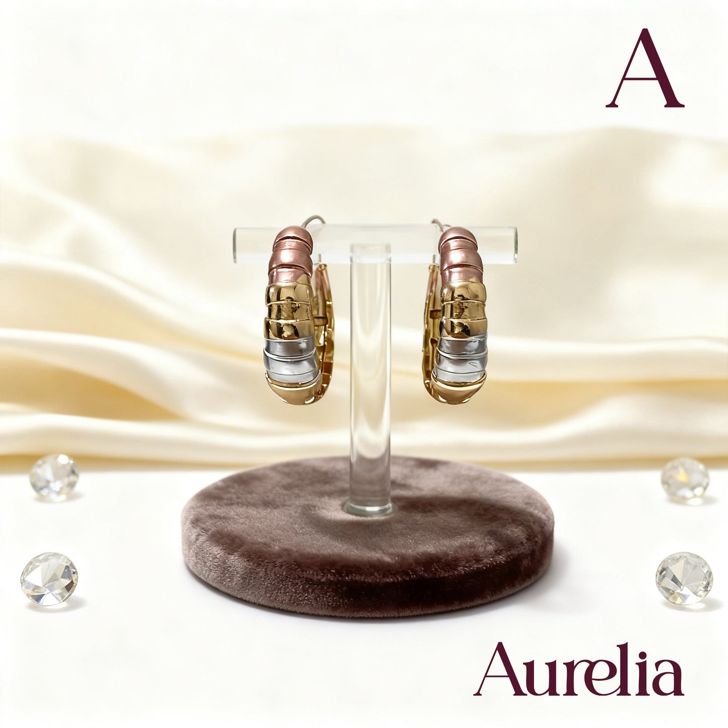 ARETES CANDONGAS CIRCULARES RELIEVE ORO ROSA Y PLATEADO