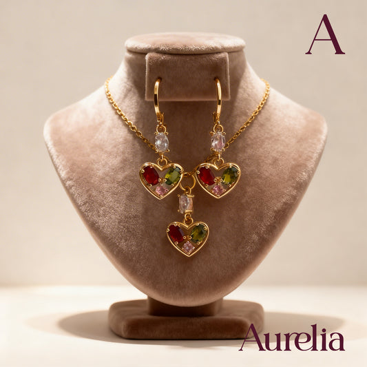 COLLAR SET ARETES CORAZON BRILLANTES MULTICOLOR