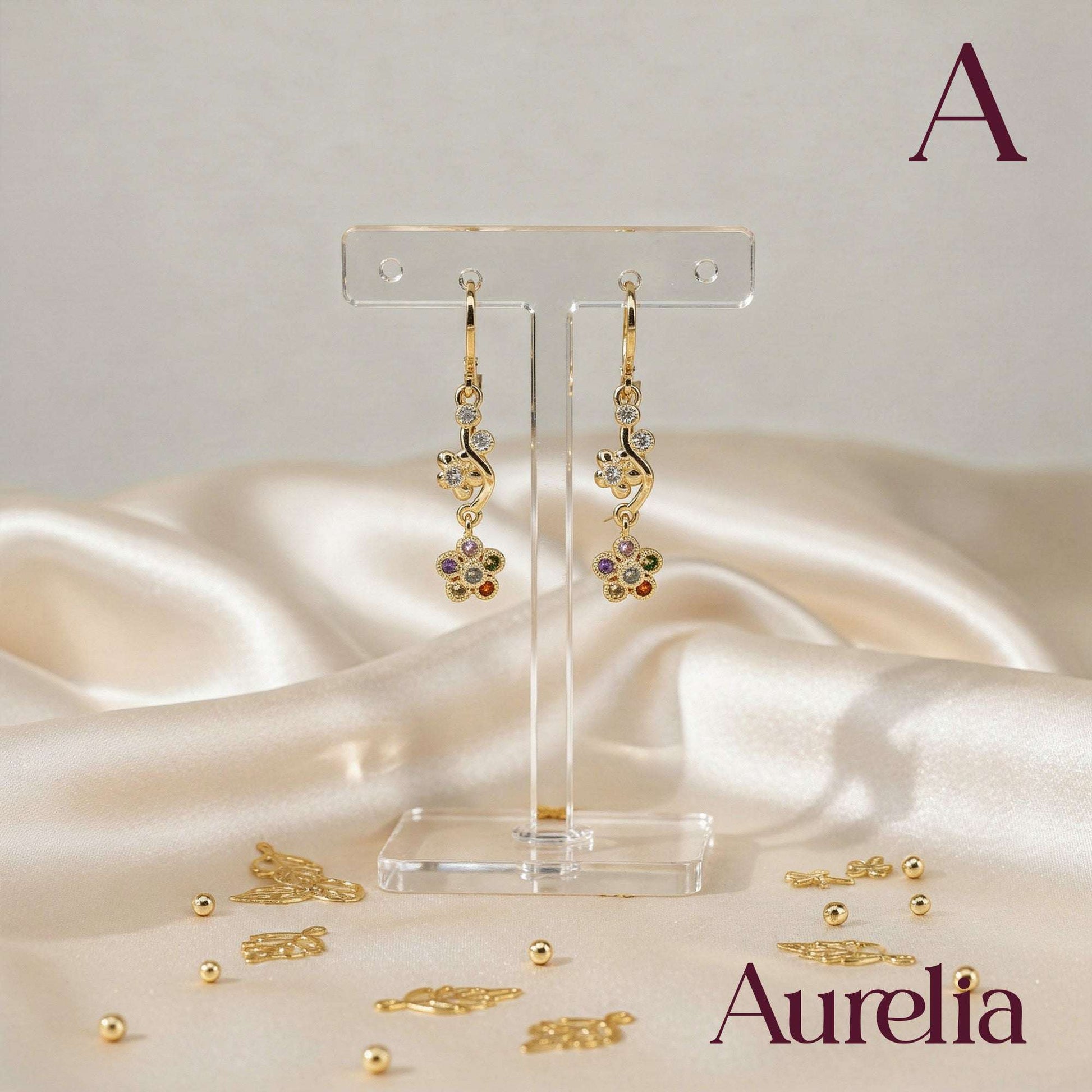 ARETES LARGOS FLOR CURVA MULTICOLOR Y BLANCA