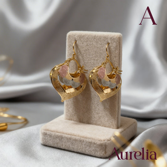 ARETES CANDONGAS SEMI CORAZON FLORES PLATEADO Y ORO ROSA