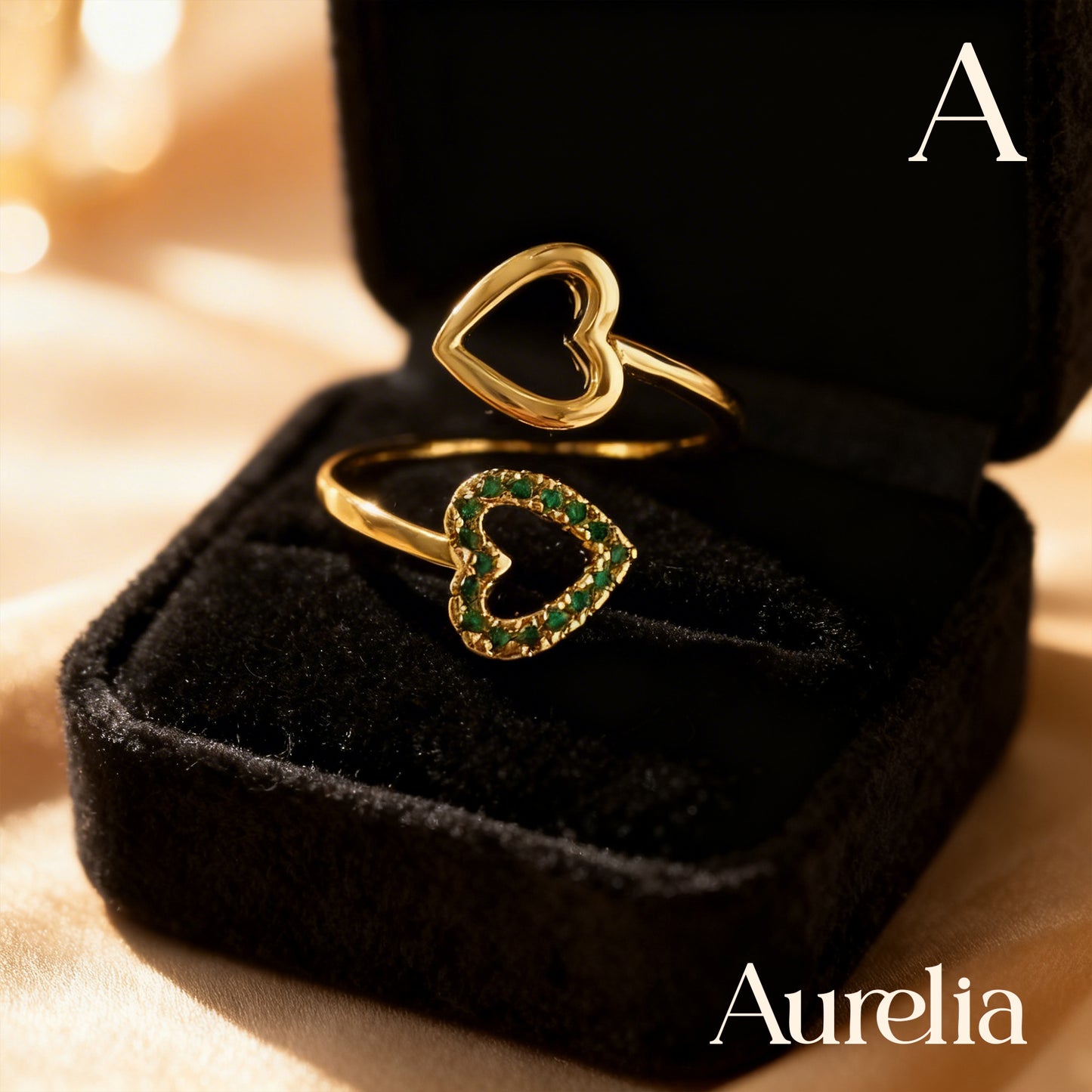 ANILLO DELGADO DOBLE CORAZON BRILLANTES VERDES