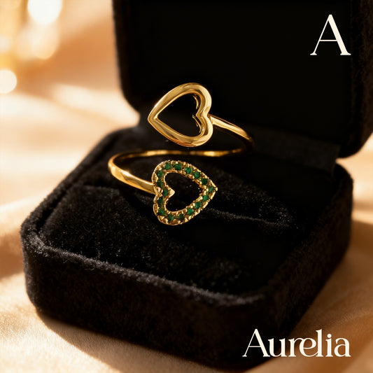 ANILLO DELGADO DOBLE CORAZON BRILLANTES VERDES