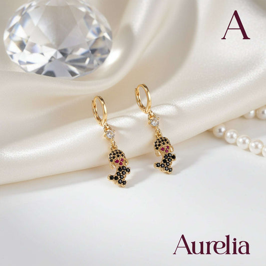 ARETES LARGOS PERRO BRILLANTES NEGROS Y ROSADOS