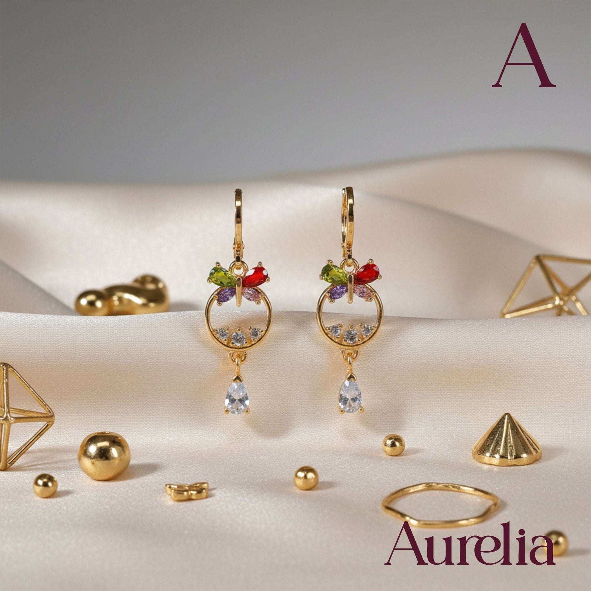 ARETES LARGOS MARIPOSA MULTICOLOR Y ARO BRILLANTES BLANCOS