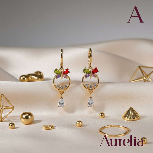 ARETES LARGOS MARIPOSA MULTICOLOR Y ARO BRILLANTES BLANCOS