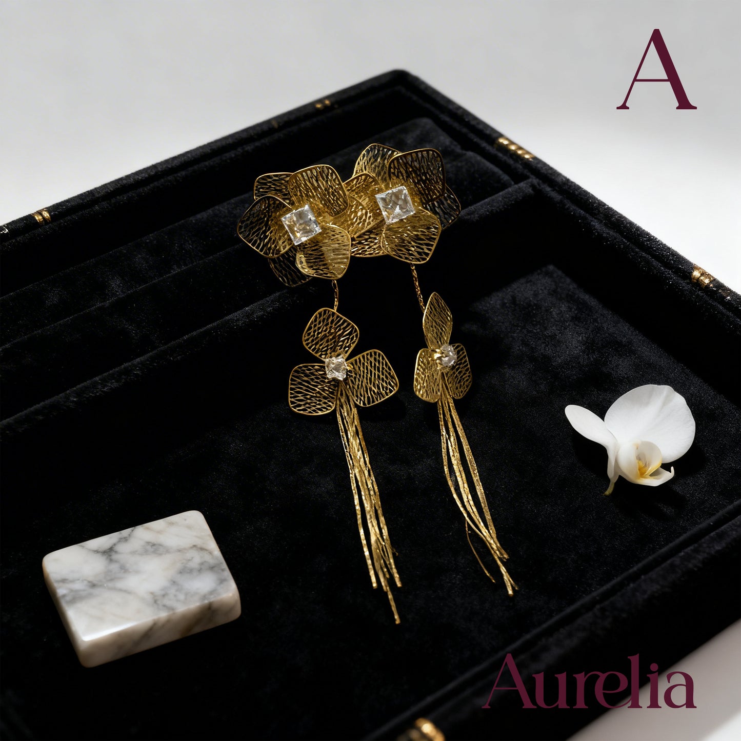 ARETES FLOR BRILLANTE Y PETALOS CON TIRAS