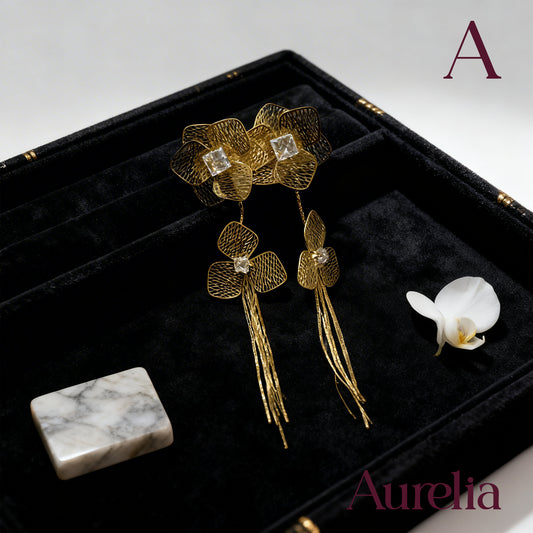 ARETES FLOR BRILLANTE Y PETALOS CON TIRAS