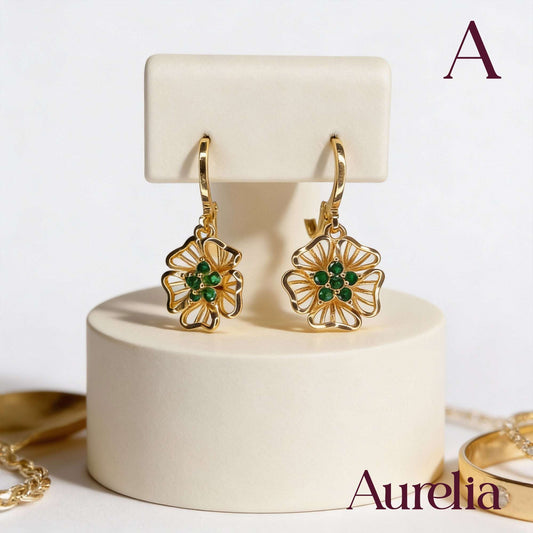 ARETES LARGOS FLOR Y MINI FLOR BRILLANTE VERDE