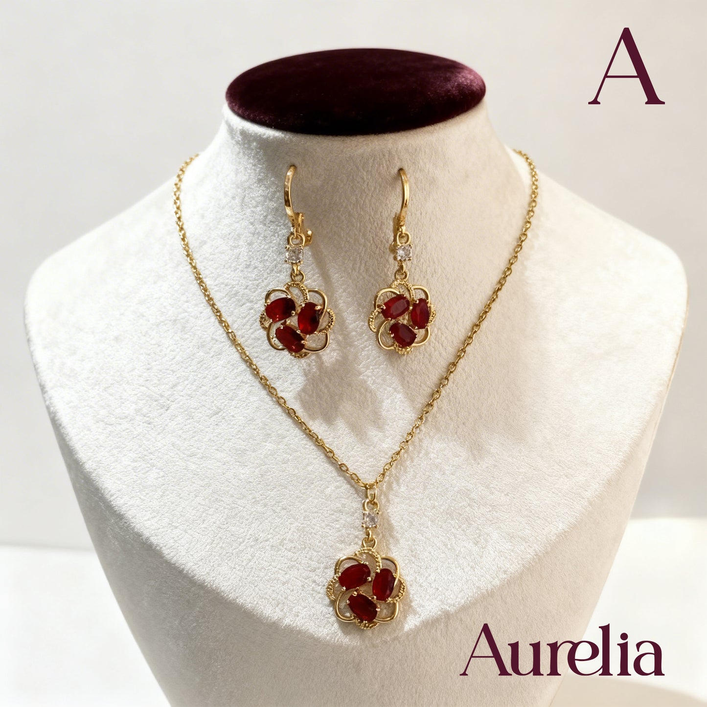 COLLAR SET ARETES FLOR 3 BRILLANTES ROJO