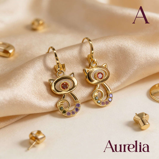 ARETES LARGOS GATO CON BRILLANTES MULTICOLOR