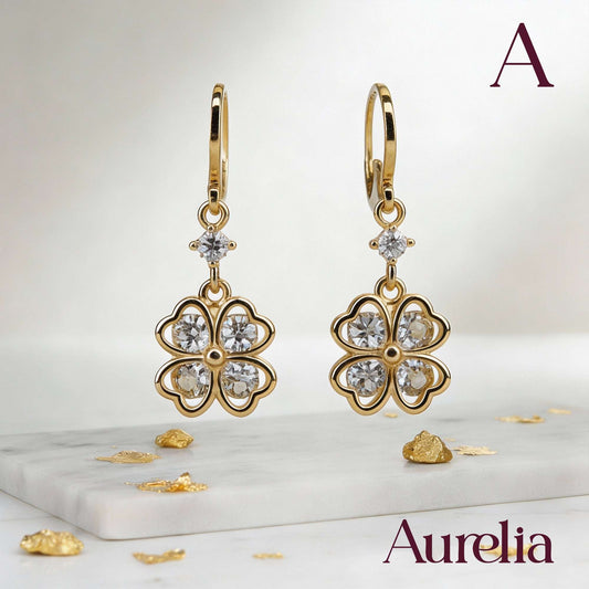 ARETES LARGOS TREBOL BLANCO Y BRILLANTE