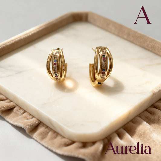 ARETES CANDONGAS 3 CURVAS LINEA BRILLANTES MULTICOLOR