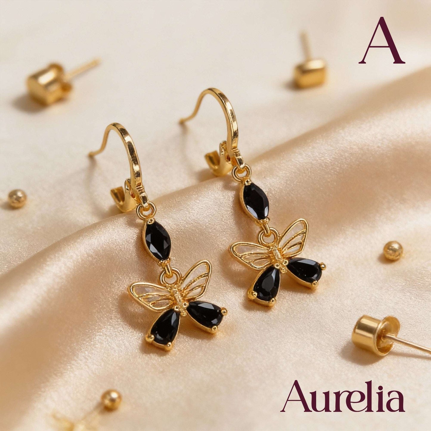 ARETES LARGOS MARIPOSA MITAD NEGRO Y BRILLANTE NEGRO