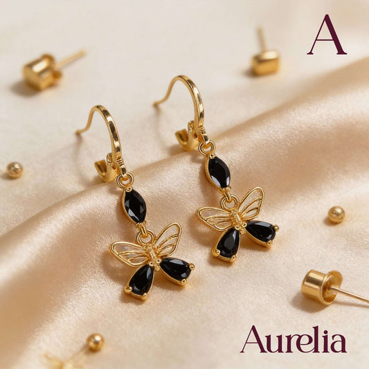 ARETES LARGOS MARIPOSA MITAD NEGRO Y BRILLANTE NEGRO