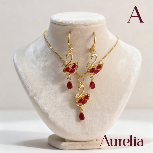 COLLAR SET ARETES CISNE BRILLANTES ROJO