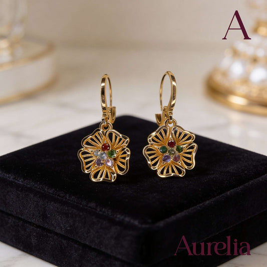 ARETES LARGOS FLOR Y MINI FLOR BRILLANTE MULTICOLOR