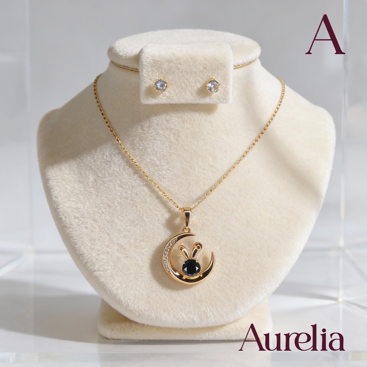 COLLAR SET LUNA CONEJO Y TOPOS BRILLANTE BLANCO