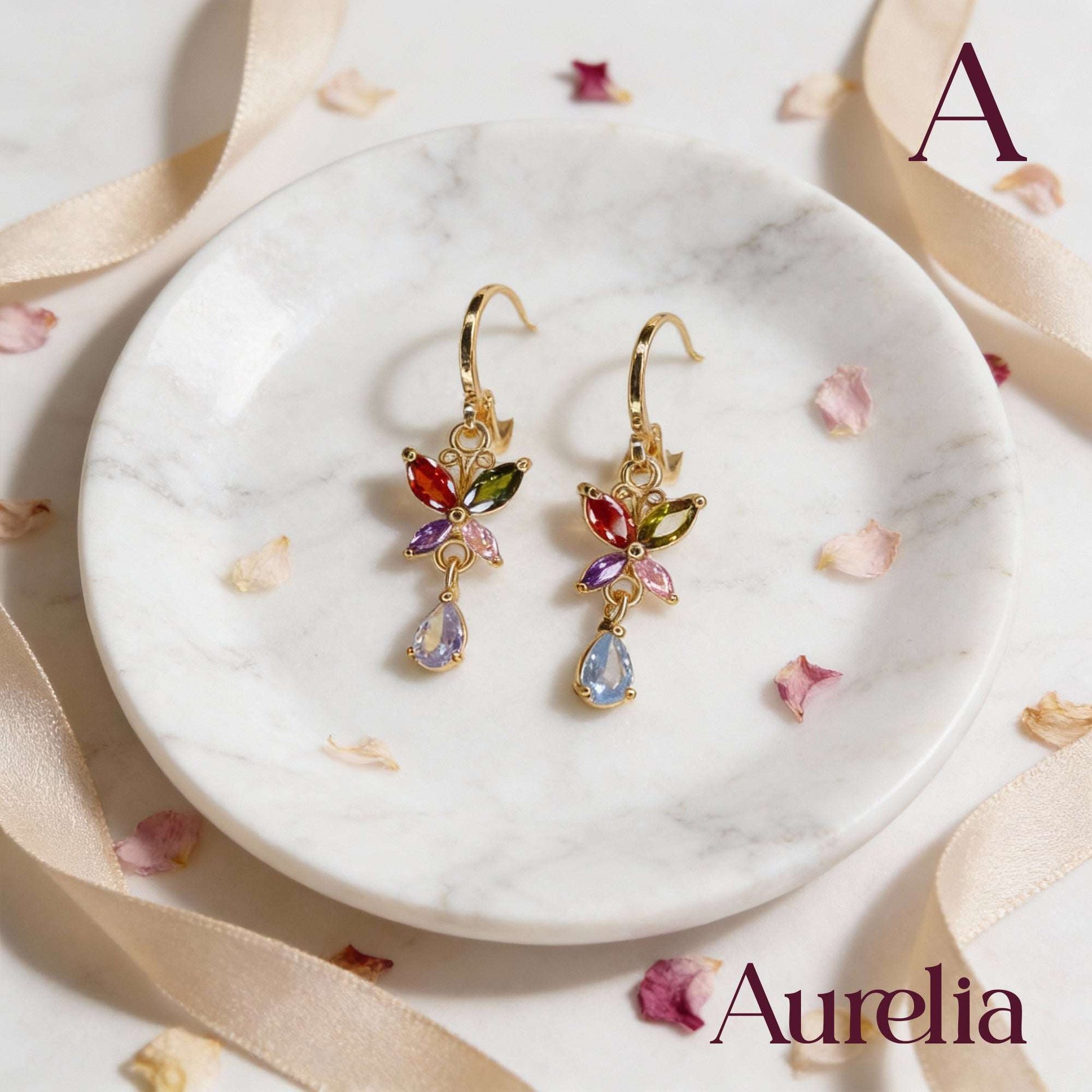 ARETES LARGOS FLOR MULTICOLOR Y COLGANTE BLANCO