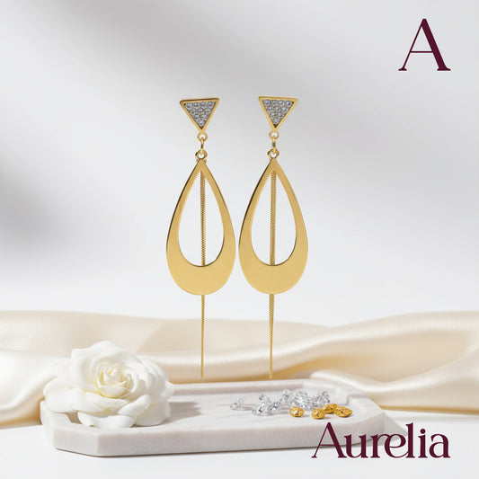 ARETES LARGOS GOTA CON TRIANGULOS PLATEADOS