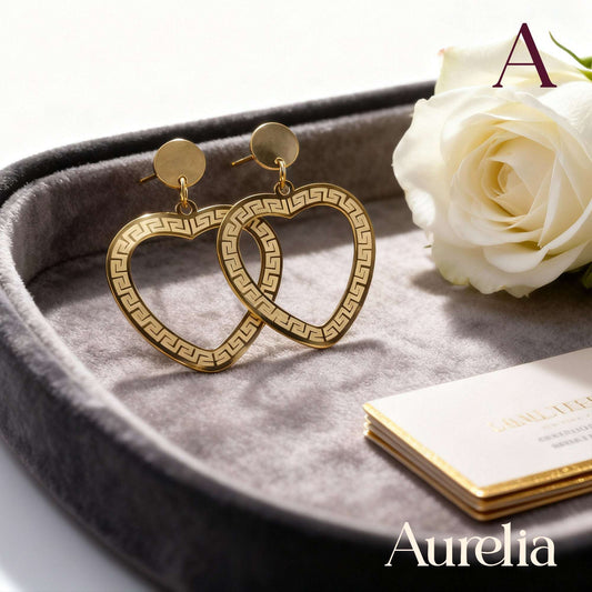 ARETES LARGOS CORAZÓN CON DETALLE DE FORMAS