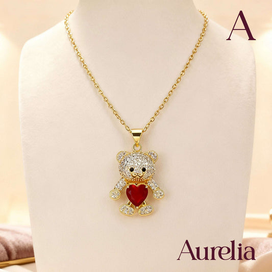 COLLAR OSO BRILLANTE BLANCO Y CORAZÓN ROJO