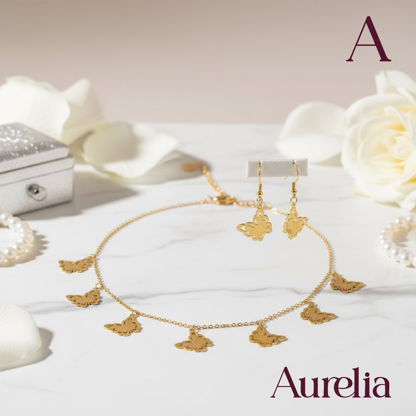 COLLAR SET ARETES Y PULSERA MARIPOSAS