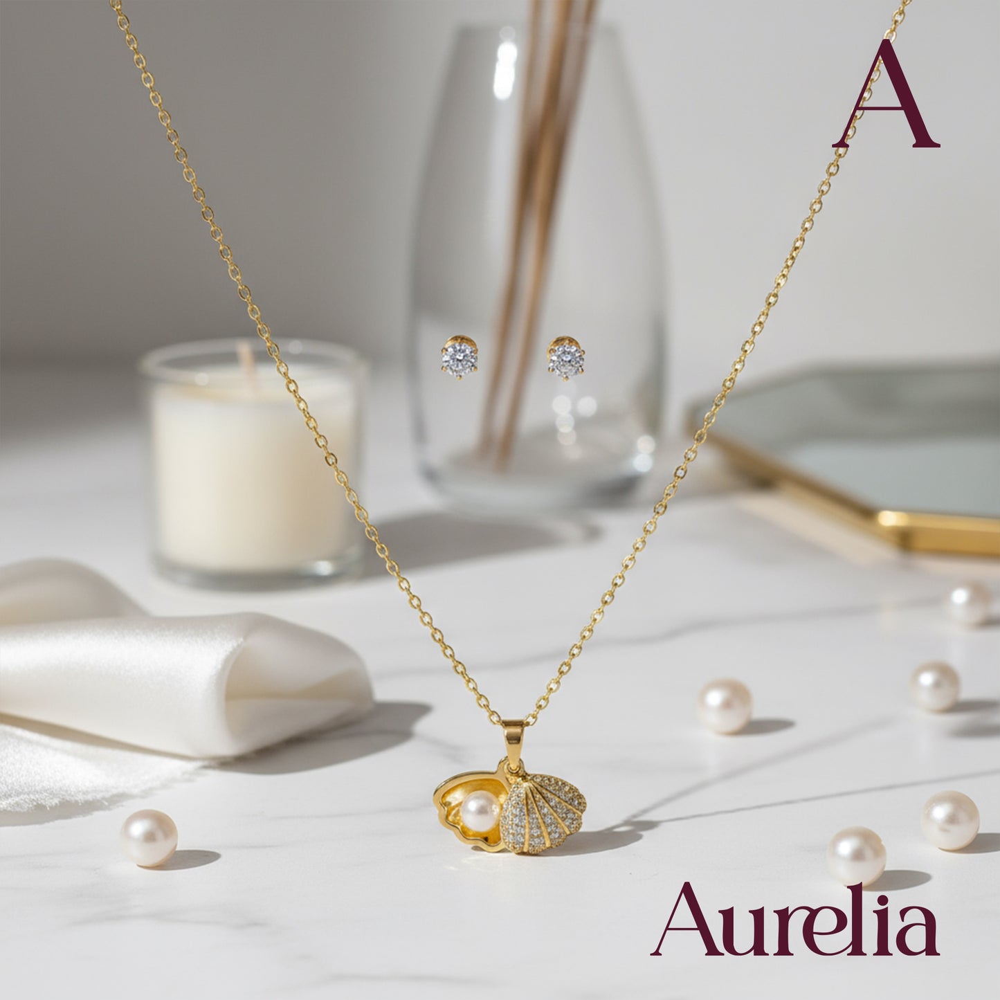 COLLAR SET OSTRA PERLA Y TOPOS BRILLANTE BLANCO