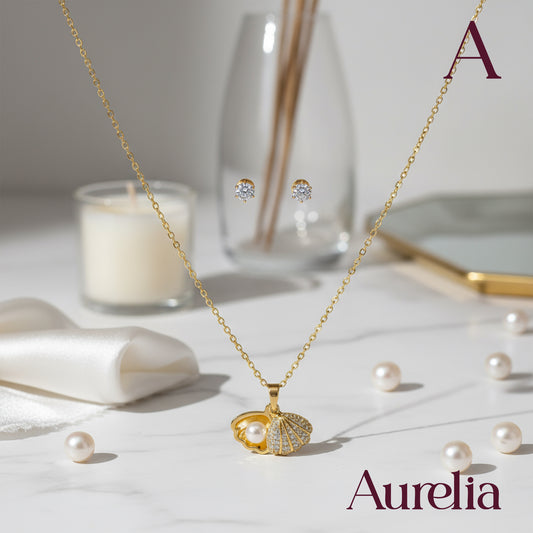 COLLAR SET OSTRA PERLA Y TOPOS BRILLANTE BLANCO