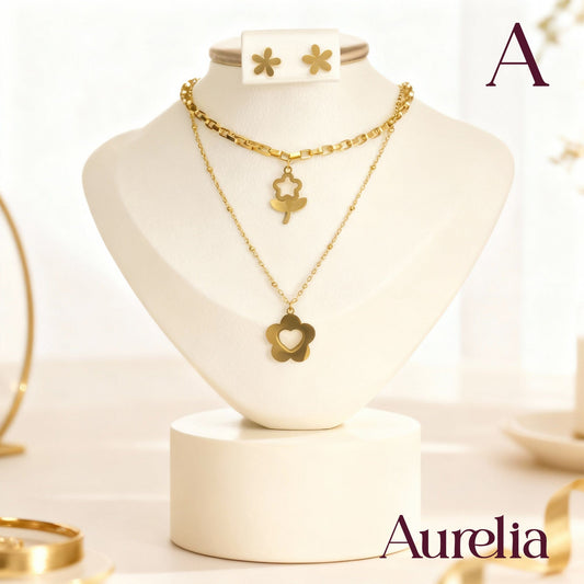 COLLAR SET DOBLE FLOR CON CORAZÓN Y TOPOS FLOR