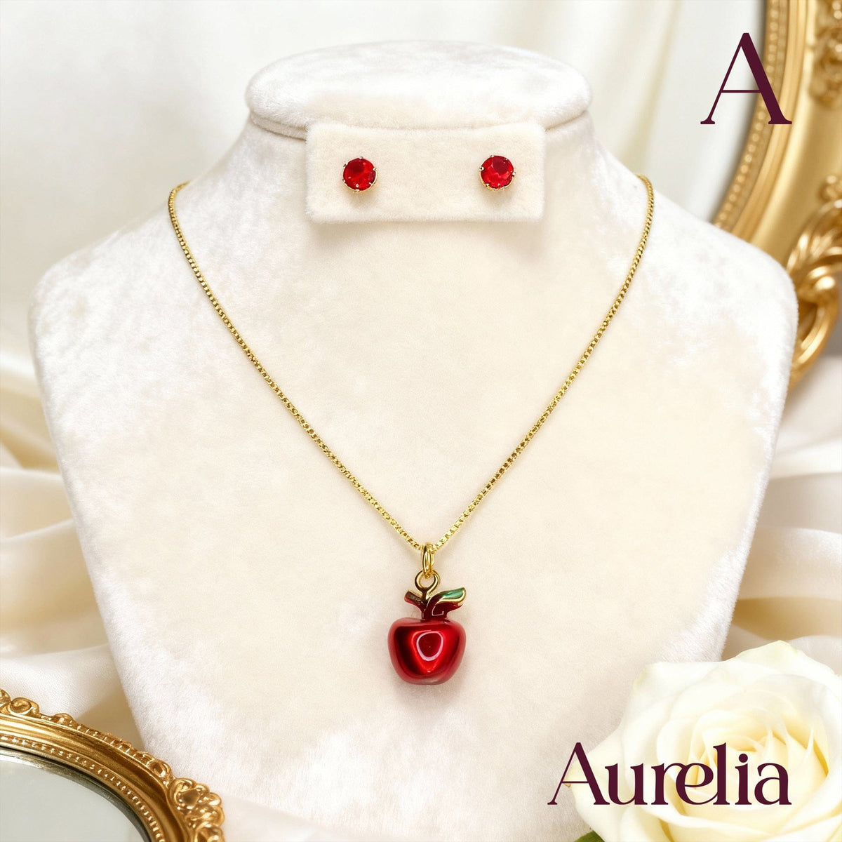 COLLAR SET MANZANA Y TOPOS BRILLANTE ROJO