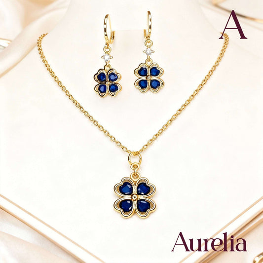 COLLAR SET Y ARETES LARGOS TREBOL AZUL OSCURO