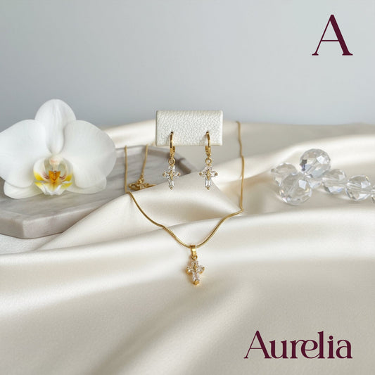 COLLAR SET ARETES LARGOS CRUZ BLANCA