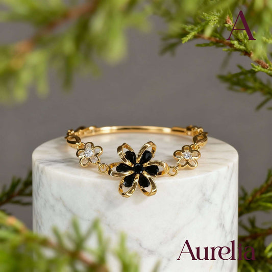 PULSERA TIRA FLORES DETALLE NEGRO